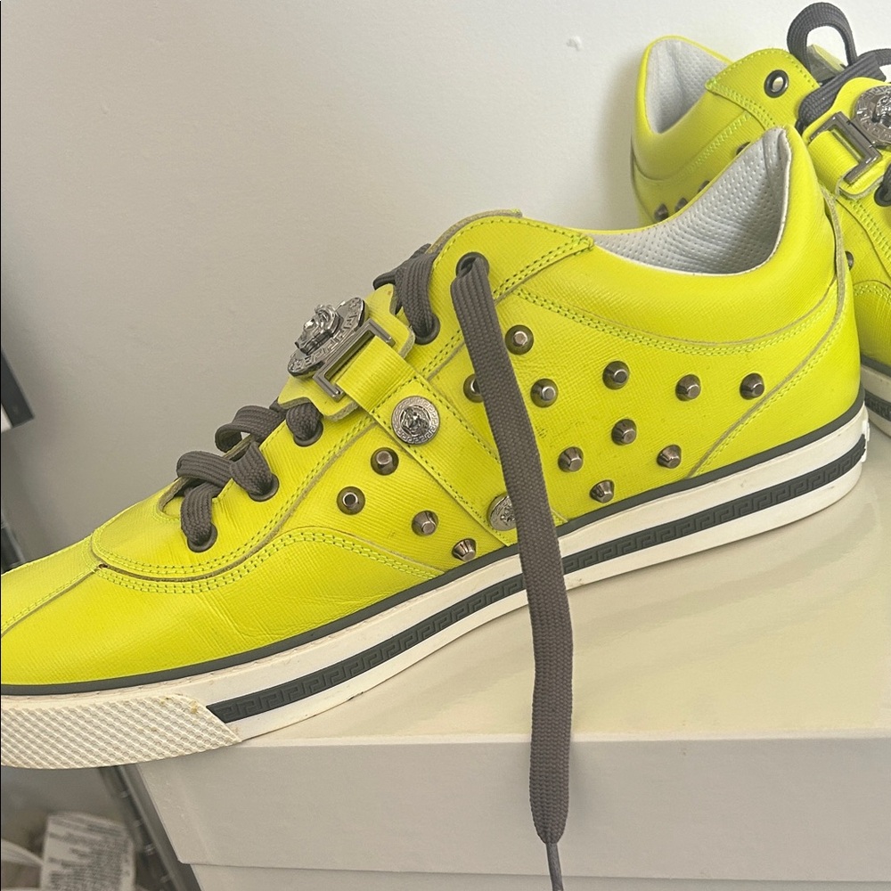 Versace Neon Yellow Studded Sneaker with Gunmetal Accents - Picture 4 of 11